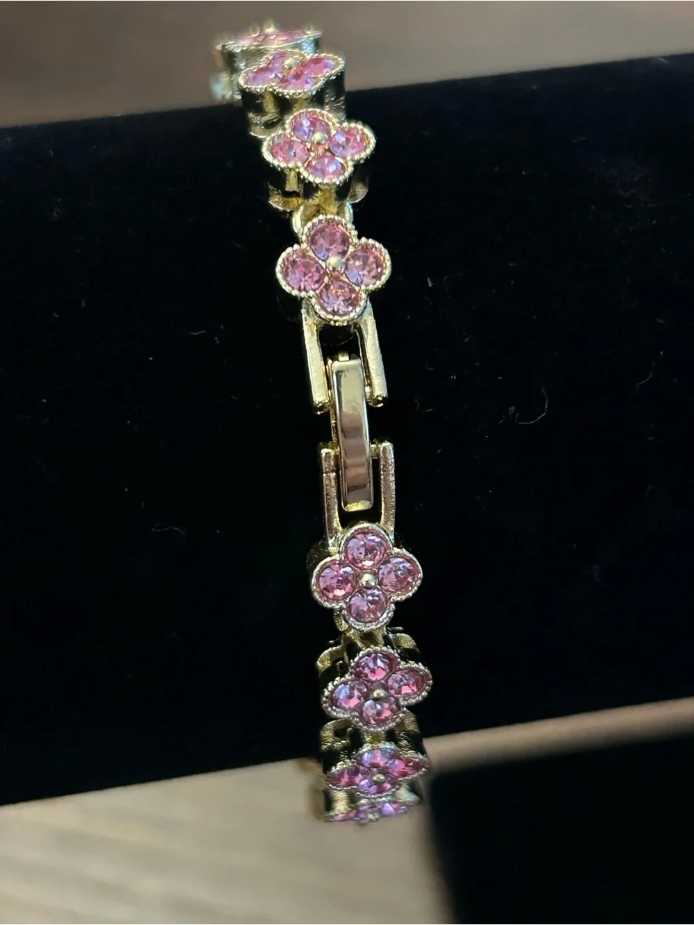 Gold Tone Pink Crystal Flower Link Bracelet - Women's Jewelry